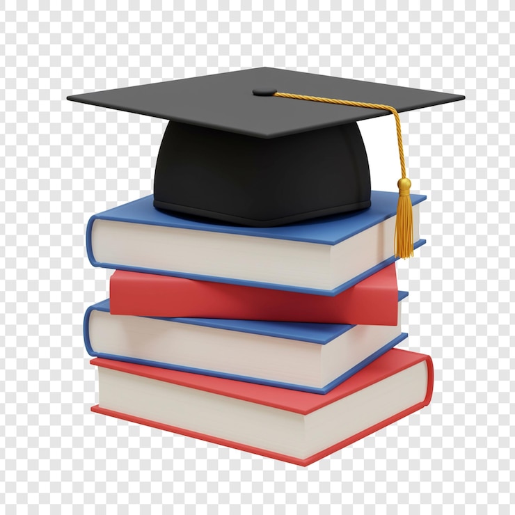 PSD chapéu de graduação em uma pilha de livros em fundo transparente