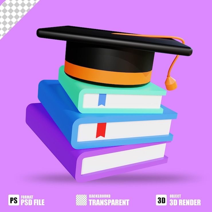 PSD chapéu de toga 3d e livro para educação