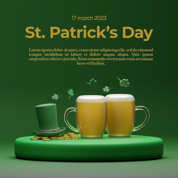Chapéu e cerveja do Dia de São Patrício sobre fundo verde. ilustração de renderização 3D