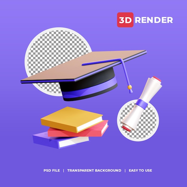 Chapéu e livros de formatura de ícone de render 3d