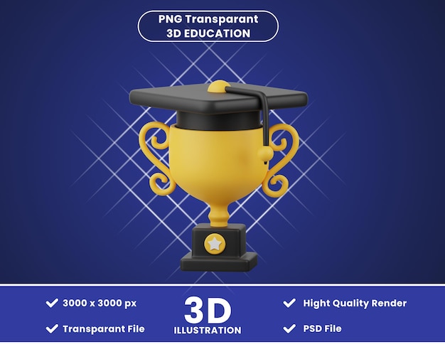 PSD chapéu e troféu da formatura da ilustração do ícone 3d