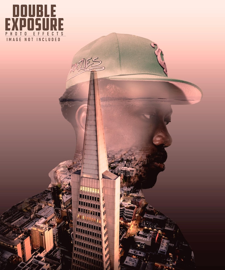 PSD chapéu na cabeça da cidade noite efeito de foto de dupla exposição