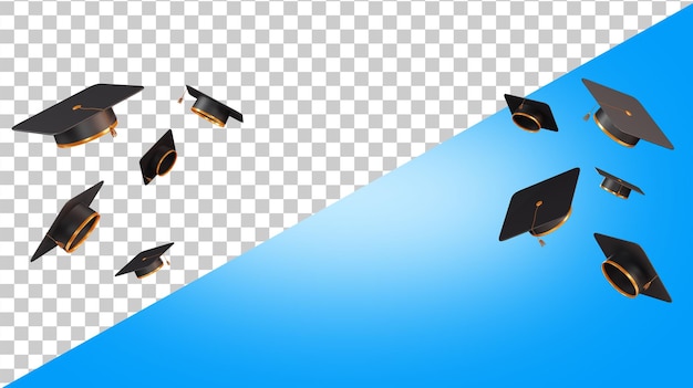 PSD chapéus de formatura no ar parabéns aos graduados banner 3d render muitos chapéus de formatura