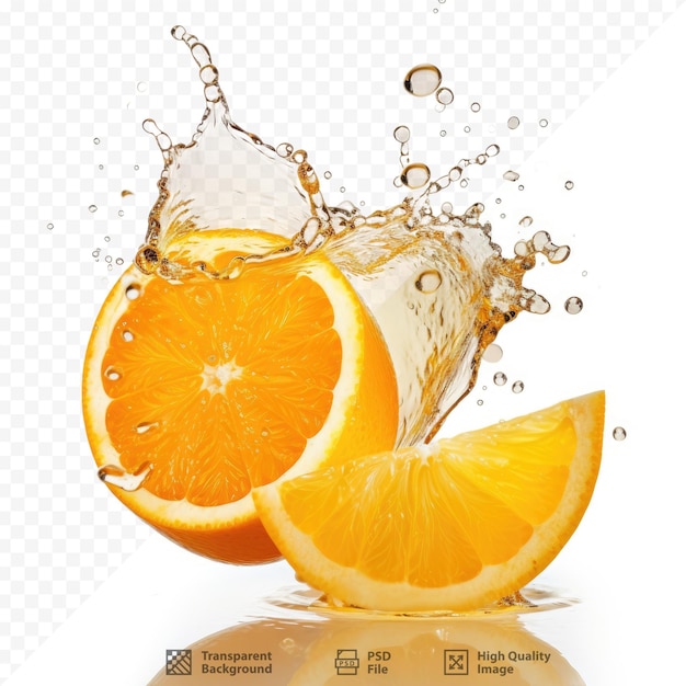 PSD un chapoteo de agua con rodajas de naranja y la palabra naranja.