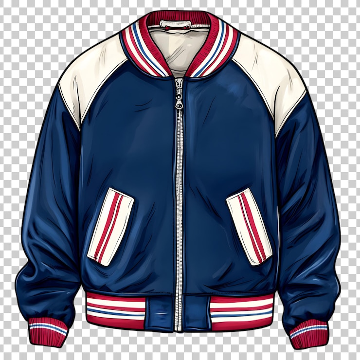 PSD una chaqueta azul con una franja blanca y una franja roja aislada en un fondo transparente
