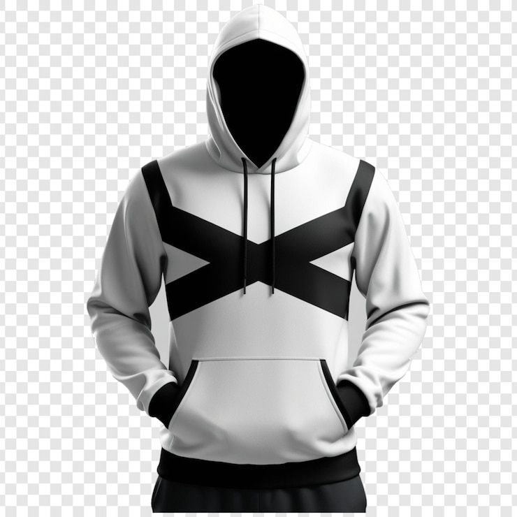 PSD una chaqueta blanca con una capucha que dice "x" en ella