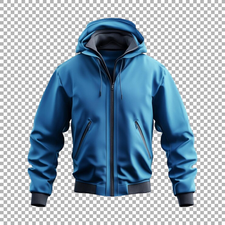 PSD chaqueta de bombardero azul de png con capucha en un fondo transparente