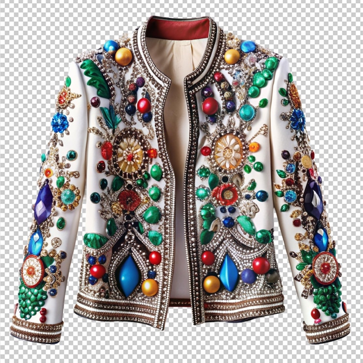 PSD chaqueta elegante adornada con joyas vibrantes aisladas sobre un fondo transparente