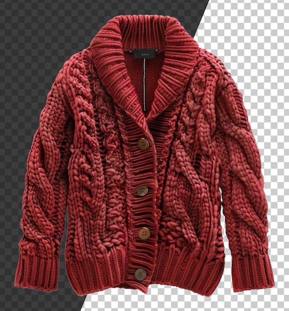 PSD chaqueta de punto roja con textura con cuello de pañuelo en fondo transparente png