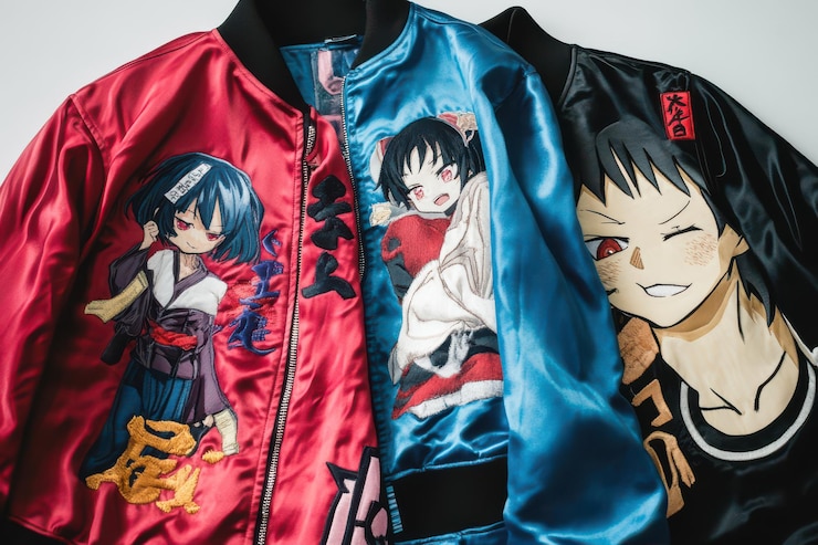 PSD chaquetas de anime con bordados de personajes xtracool aislados en un fondo transparente
