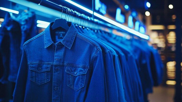 PSD chaquetas de denim azules colgando en un estante en la tienda iluminadas por luces de neón