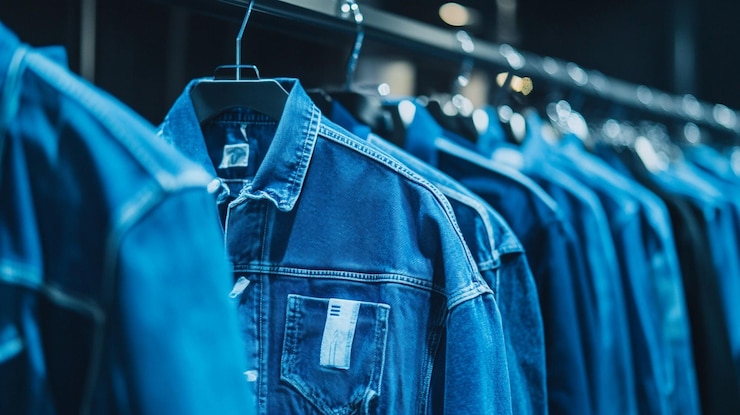 PSD chaquetas de denim colgando en un estante en una tienda 1