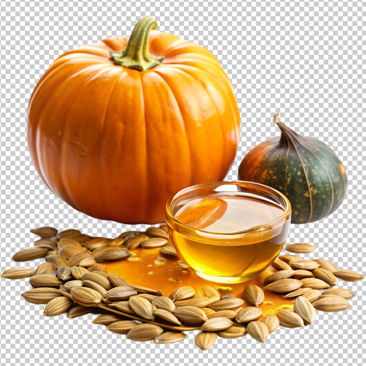 PSD charco de aceite de calabaza derramado y pilas de semillas sobre un fondo transparente