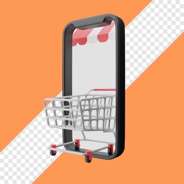 PSD chariot 3d à l'intérieur du rendu d'illustration de smartphone avec fond transparent