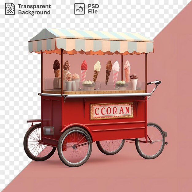PSD un chariot de crème glacée photographique réaliste isolé avec des roues noires et un chariot rouge avec une crème glacées blanche et un mur rouge et rose en arrière-plan