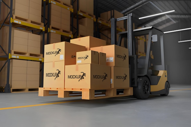 Chariot élévateur à fourche avec boîtes en carton
