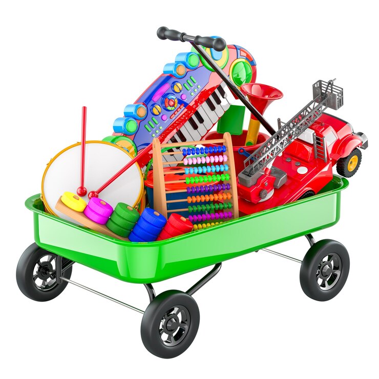 PSD un chariot de jouets pour enfants rempli de jouets 3d isolés sur un fond transparent