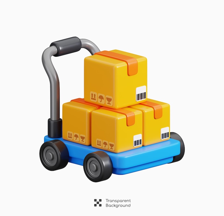 PSD chariot à main avec boîte à colis en carton empilée isolée service de livraison rendering 3d