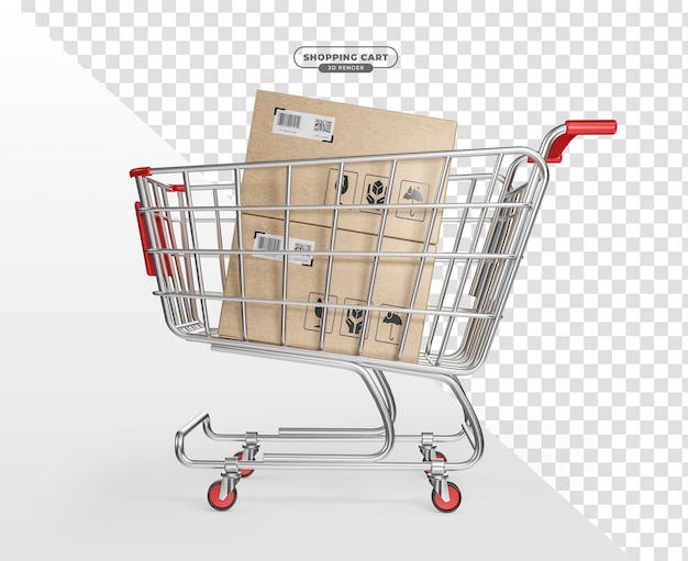 Chariot de supermarché avec boîtes à provisions en rendu 3d réaliste avec fond transparent