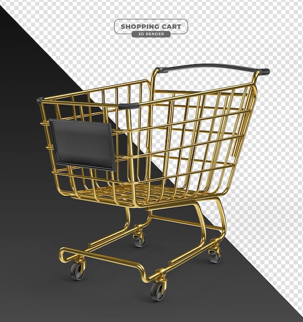 Chariot de supermarché doré en rendu réaliste 3d avec fond transparent