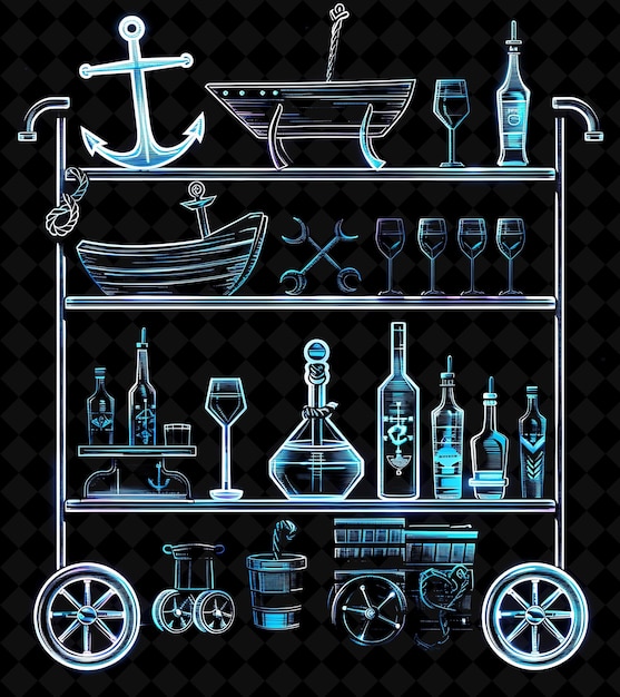 Des chariots de barres de style nautique 8 bits avec des dessins d'ancre et une collection de dessins Y2K PNG uniques