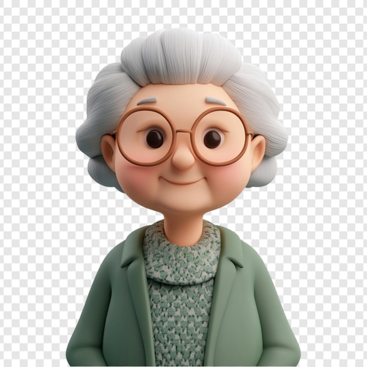 PSD un charmant modèle 3d d'une douce femme âgée aux cheveux gris portant des lunettes et un manteau vert une délicieuse illustration numérique