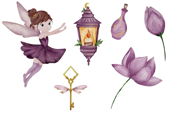 Charmante Feenelemente mit Laterne, Blumen, Schlüssel und magischer Flasche für kreative Designs