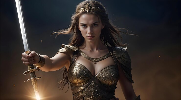 PSD une charmante princesse guerrière dans une armure avec une épée papier peint de personnage de jeu sexy