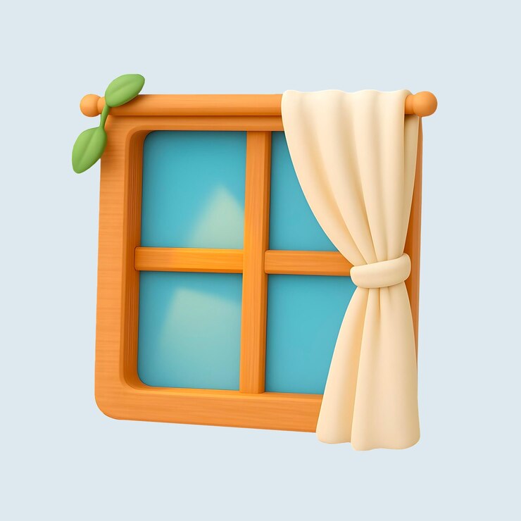 Charming 3D Cartoon Window with Curtain and Leaf Detail