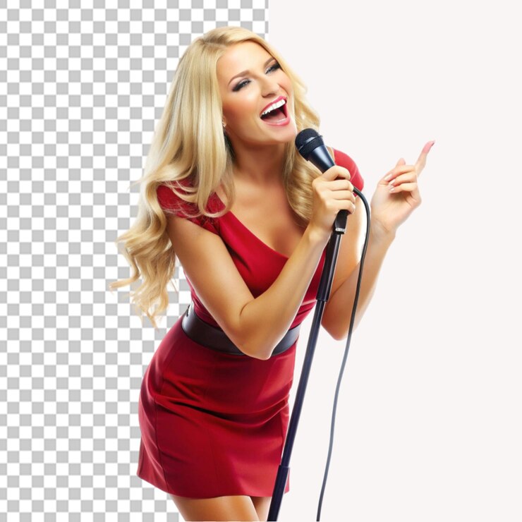 Charming blonde woman singing with microphone on transparent background