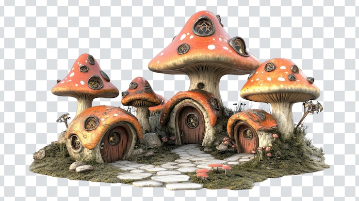 PSD charming cartoonish 3d toadstool village em um fundo branco perfeito para criançasdesenhos e temas de fantasia
