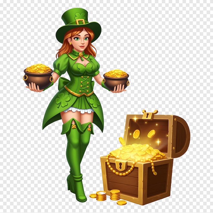 PSD charming leprechaun chica con tesoros y oro
