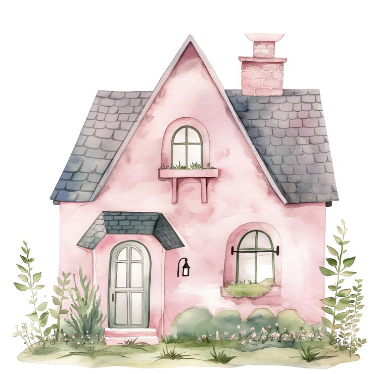 PSD charmosa casa de campo rosa com jardim ilustração a aquarela de uma casa aconchegante