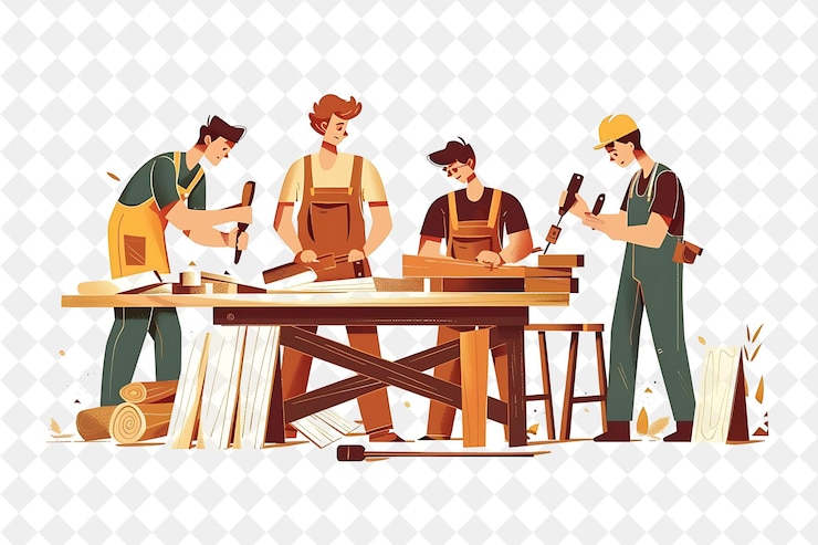 PSD charpentier rustique avec des personnages construisant et fabriquant du bois png les gens dans l'illustration du travail quotidien