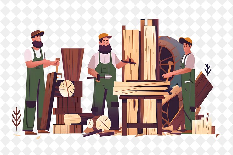 PSD charpentier rustique avec des personnages construisant et fabriquant du bois png les gens dans l'illustration du travail quotidien