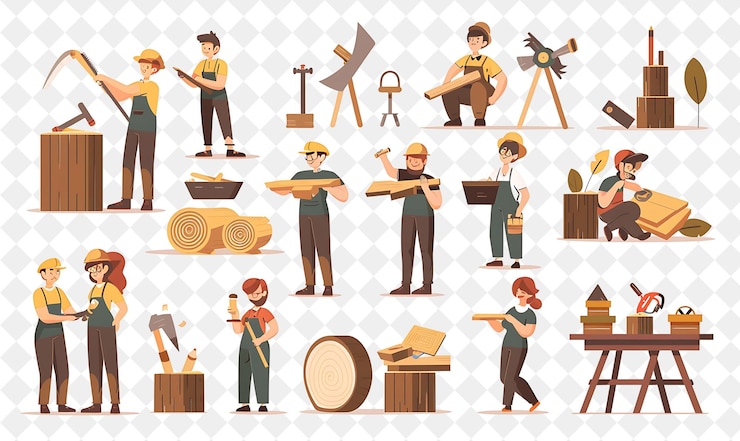 PSD charpentier rustique avec des personnages construisant et fabriquant du bois png les gens dans l'illustration du travail quotidien