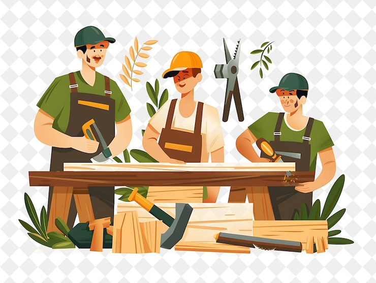 PSD charpentier rustique avec des personnages construisant et fabriquant du bois png les gens dans l'illustration du travail quotidien
