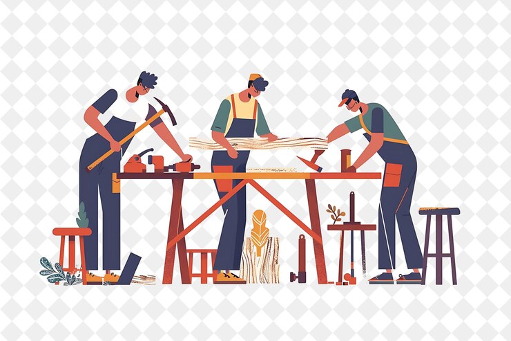 PSD charpentier rustique avec des personnages construisant et fabriquant du bois png les gens dans l'illustration du travail quotidien