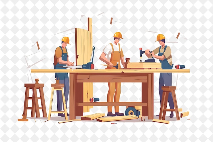PSD charpentier rustique avec des personnages construisant et fabriquant furni png les gens dans l'illustration du travail quotidien