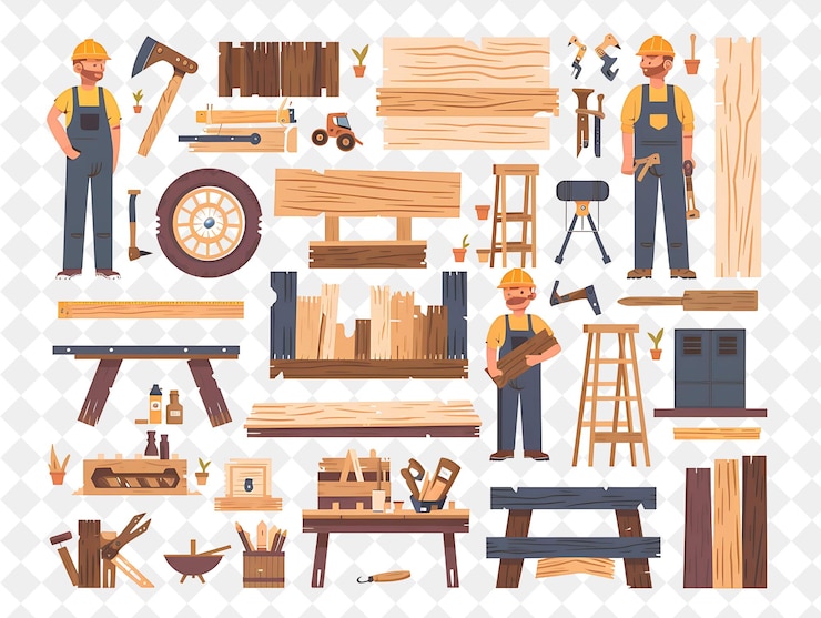 PSD charpentier rustique avec des personnages construisant et fabriquant furni png les gens dans l'illustration du travail quotidien