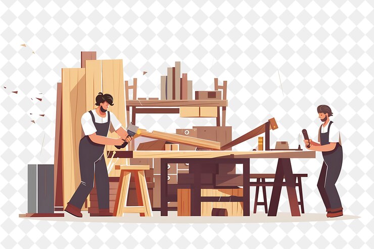 PSD charpentier rustique avec des personnages construisant et fabriquant furni png les gens dans l'illustration du travail quotidien