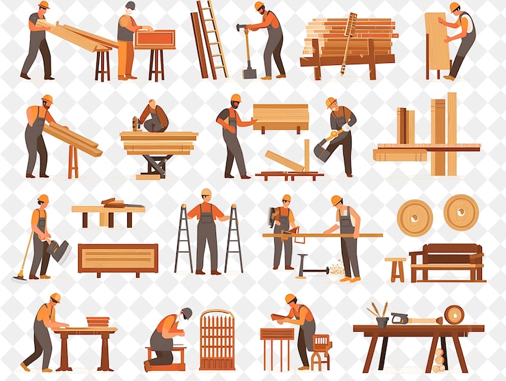 PSD charpentier rustique avec des personnages construisant et fabriquant furni png les gens dans l'illustration du travail quotidien