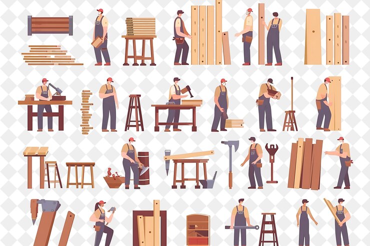 PSD charpentier rustique avec des personnages construisant et fabriquant furni png les gens dans l'illustration du travail quotidien