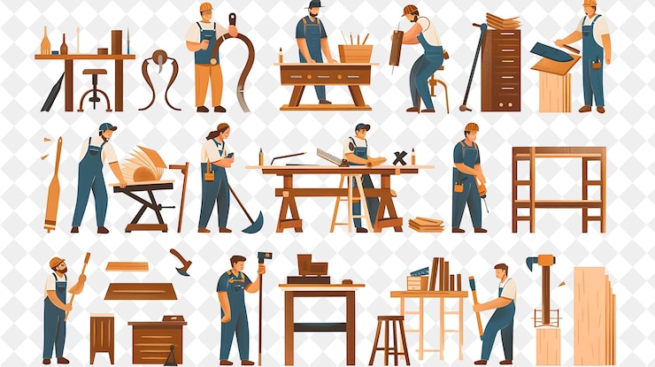 PSD charpentier rustique avec des personnages construisant et fabriquant furni png les gens dans l'illustration du travail quotidien