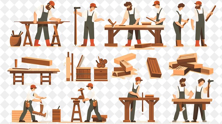 PSD charpentier rustique avec des personnages construisant et fabriquant furni png les gens dans l'illustration du travail quotidien