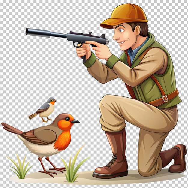 PSD un chasseur regardant un dessin animé d'oiseau sur un fond transparent