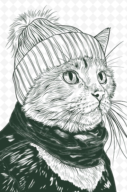 PSD le chat à chaussures de neige portant un chapeau d'alpiniste avec une expression résiliente animals sketch art vector collections