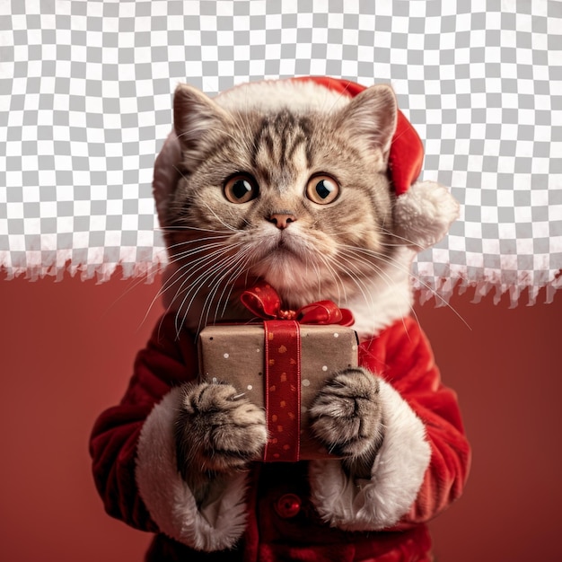 PSD un chat dans un costume de père noël tenant un cadeau