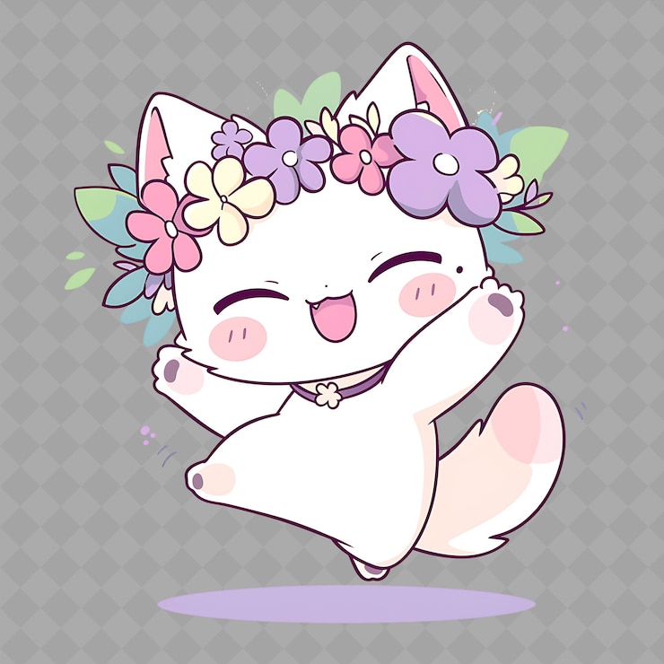 PSD un chat de dessin animé avec des fleurs sur la tête tient une patte blanche
