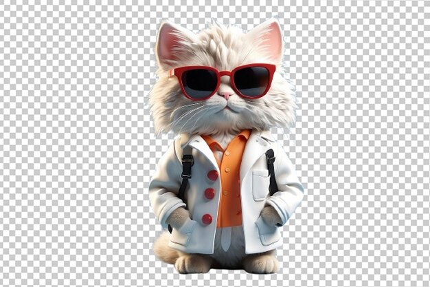 PSD chat de dessin animé portant un manteau blanc et des lunettes de soleil